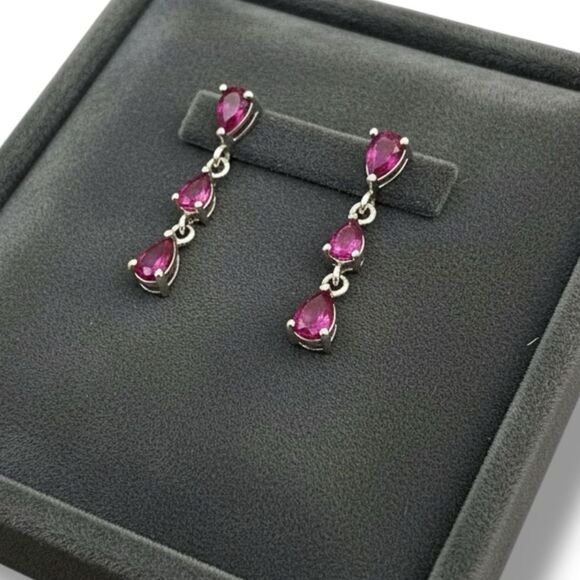 Ruby Gemstone Silver Dangling Post Earrings - Picture 2 of 3